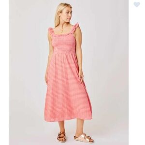 Pink Striped Smocked Midi Dress with Ruffle Straps